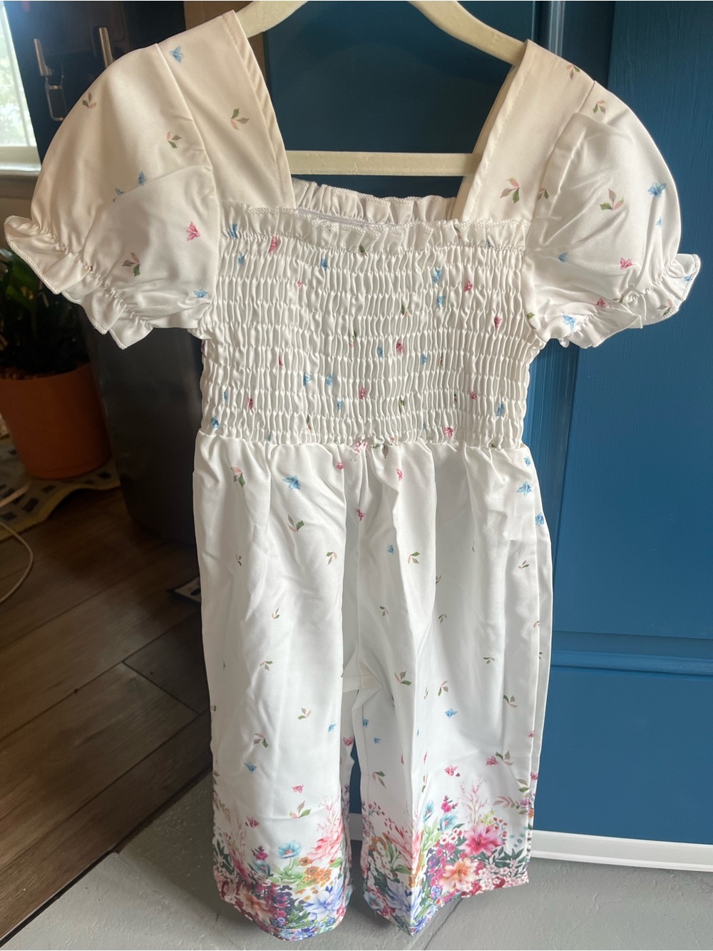 White Floral Smocked Kids Jumpsuit